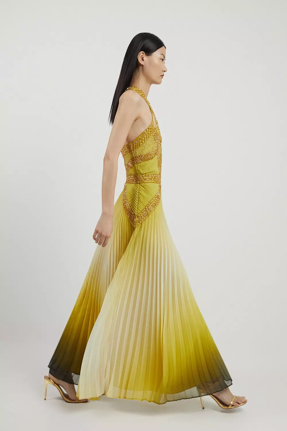 Geo Embellished Ombre Pleated Woven Maxi Dress Karen Millen