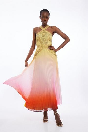 Orange Geo Embellished Ombre Pleated Woven Maxi Dress