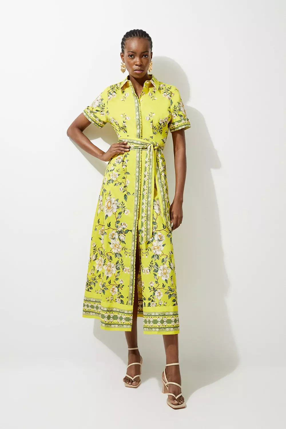 Cotton Sateen Floral Placed Print Woven Midi Shirt Dress Karen Millen