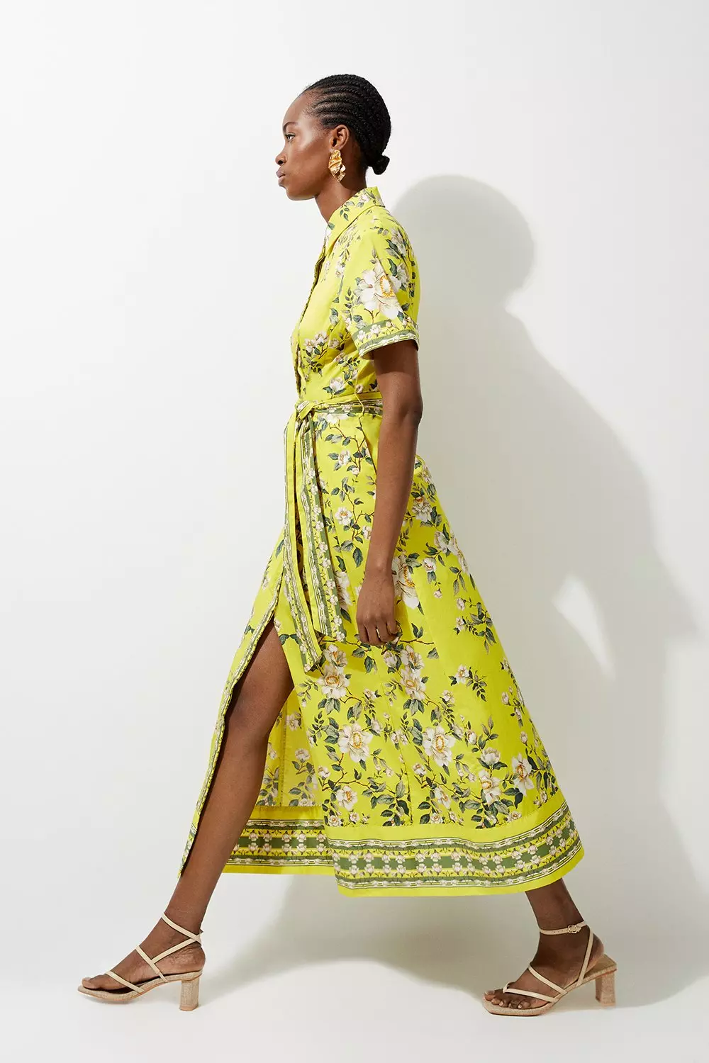 Cotton Sateen Floral Placed Print Woven Midi Shirt Dress