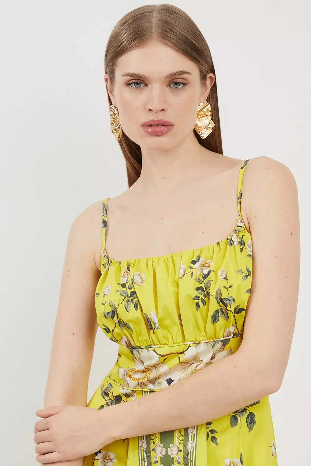 Cotton Sateen Floral Placed Print Woven Strappy Midi Dress