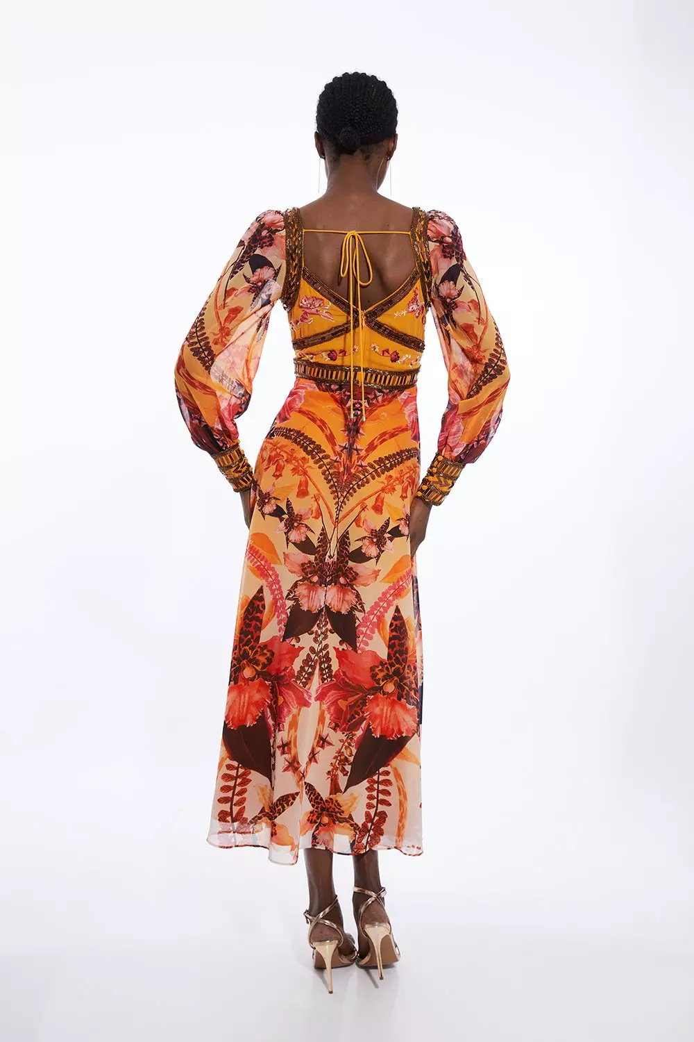Placed Floral Embroidered And Beaded Woven Midi Dress