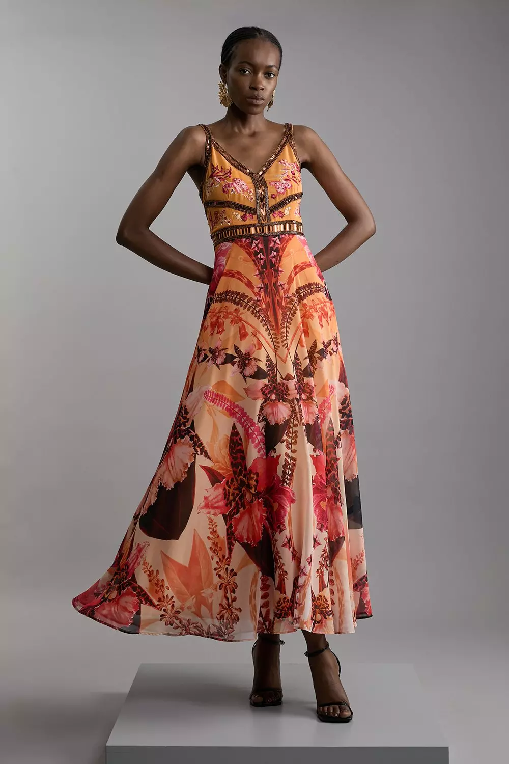 Placed Floral And Embroidered Strappy Woven Maxi Dress Karen Millen