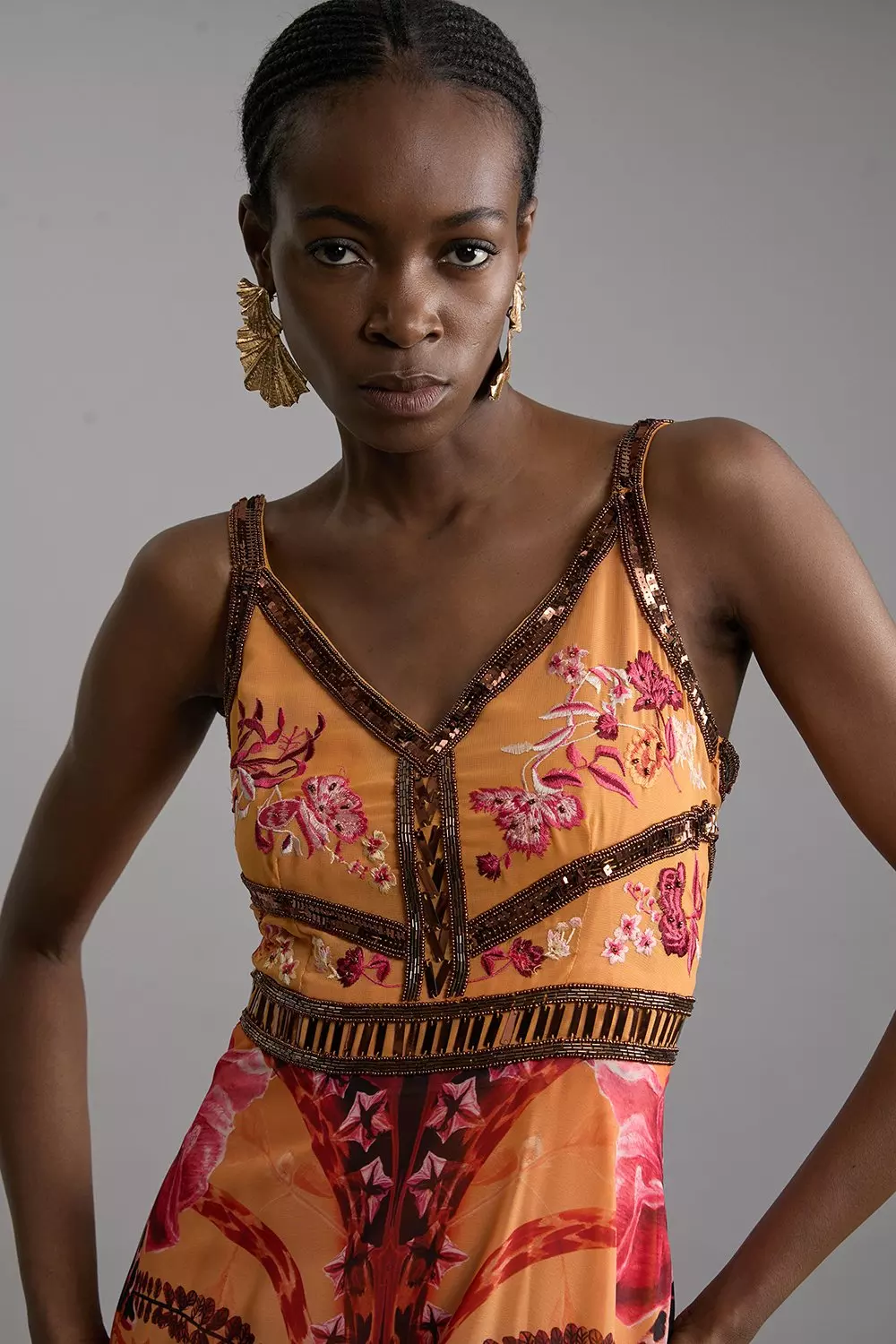 Placed Floral And Embroidered Strappy Woven Maxi Dress