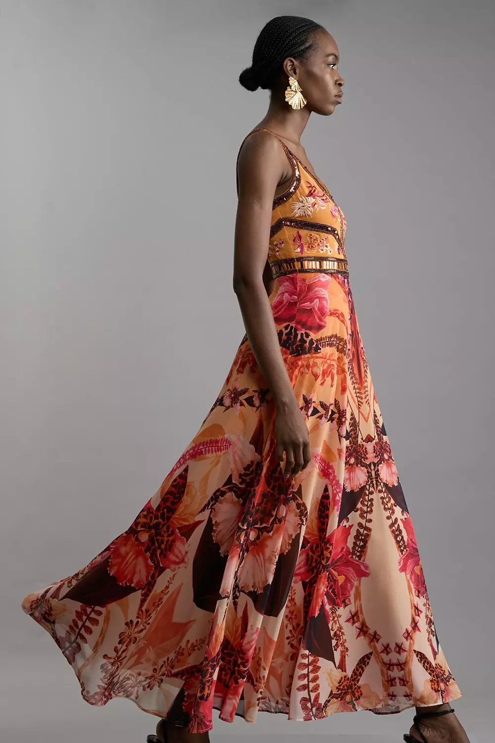 Placed Floral And Embroidered Strappy Woven Maxi Dress