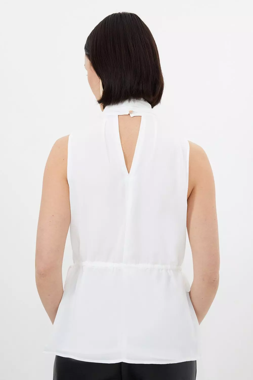 Mariah Neck Tie Satin Button Down Shirring Blouse - Off