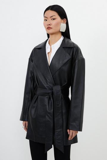 Black Leather Relaxed Fit Tailored Belted Coat