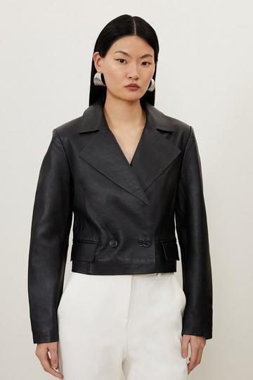 Leather Tab Detail Double Breasted Cropped Blazer