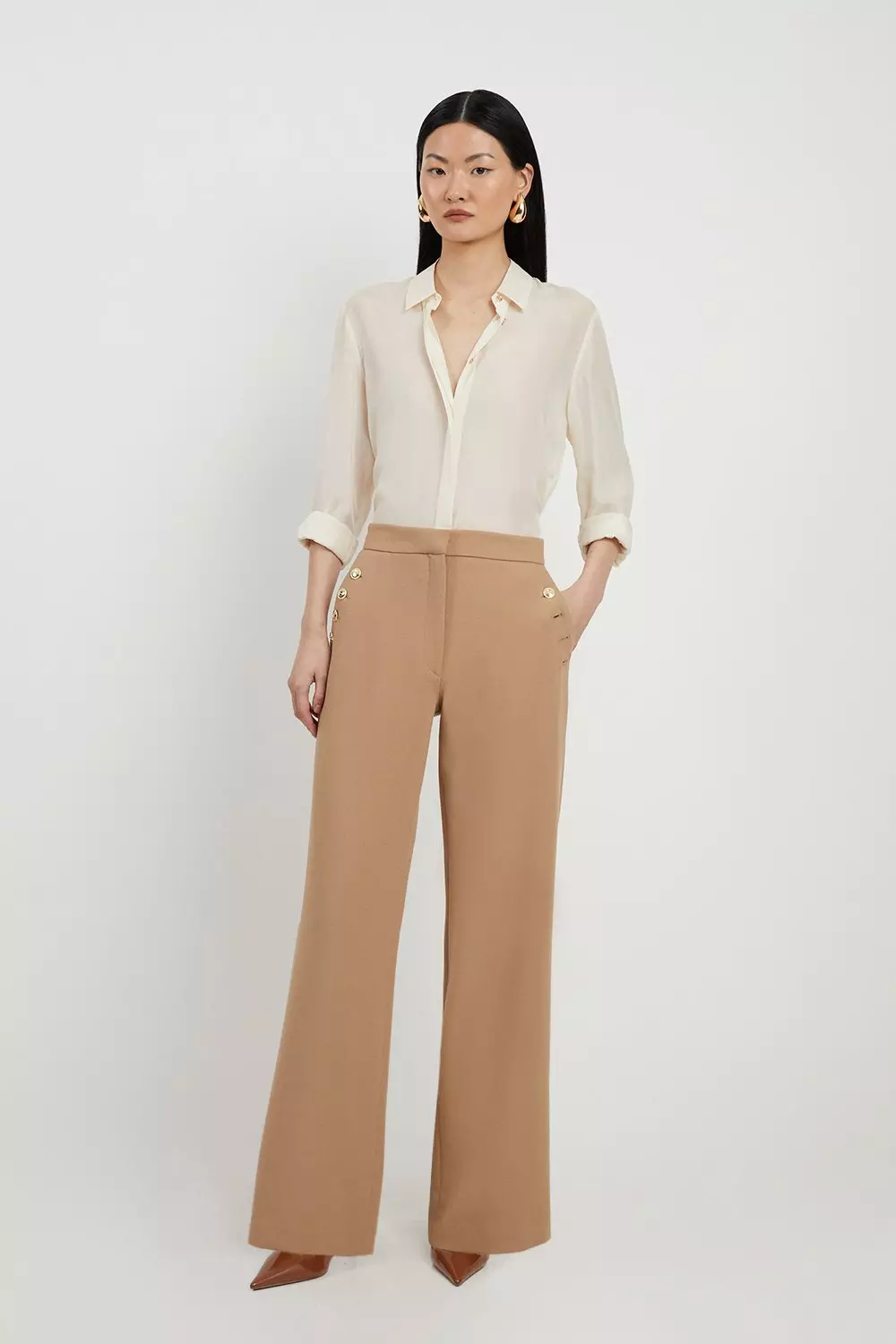 Compact Stretch Tailored Button Detail Wide Leg Trousers Karen Millen