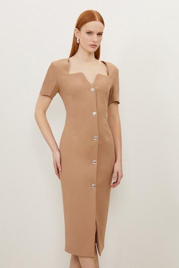 Compact Stretch Tailored Button Through Midi Dress camel