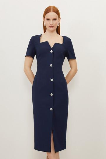 Compact Stretch Tailored Button Through Midi Dress navy