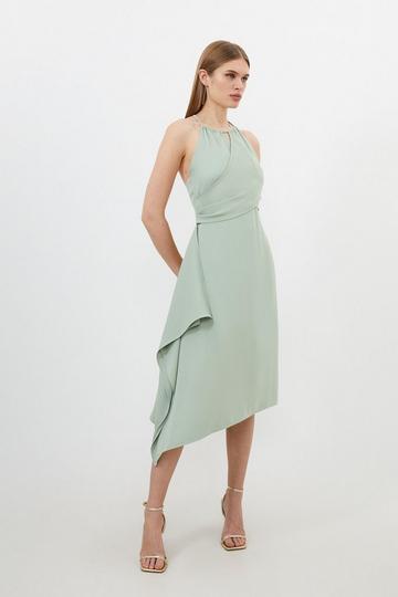 Soft Tailored Draped Wrap Halter Tie Neck Midi Dress sage