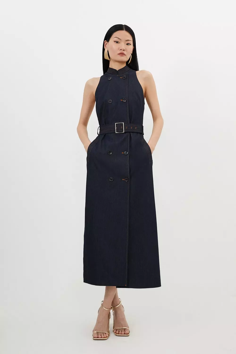 Tailored Denim Double Breasted Belted Midi Dress | Karen Millen