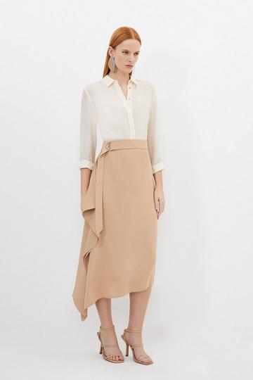 Soft Tailored Belted Draped Midi Skirt camel