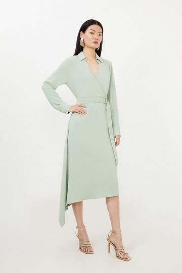 Soft Tailored Belted Draped Wrap Midi Dress sage