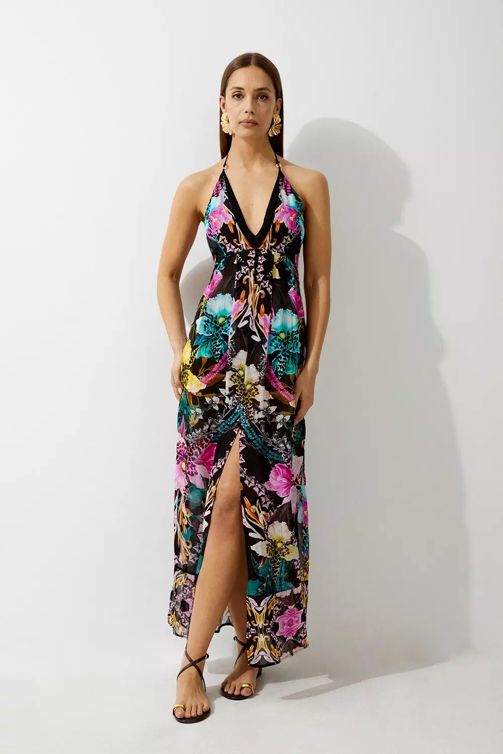 Mirrored Tropical Viscose Georgette Strappy Beach Dress Karen Millen