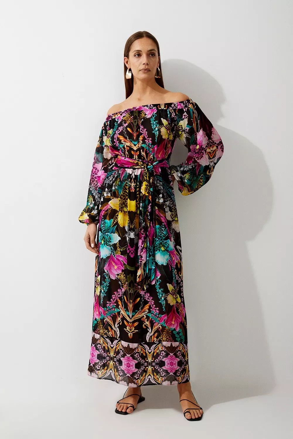 Mirrored Tropical Viscose Georgette Bardot Beach Maxi Dress Karen Millen