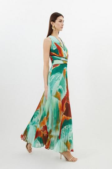 Abstract Printed Soft Pleated Plunge Maxi Dress multi