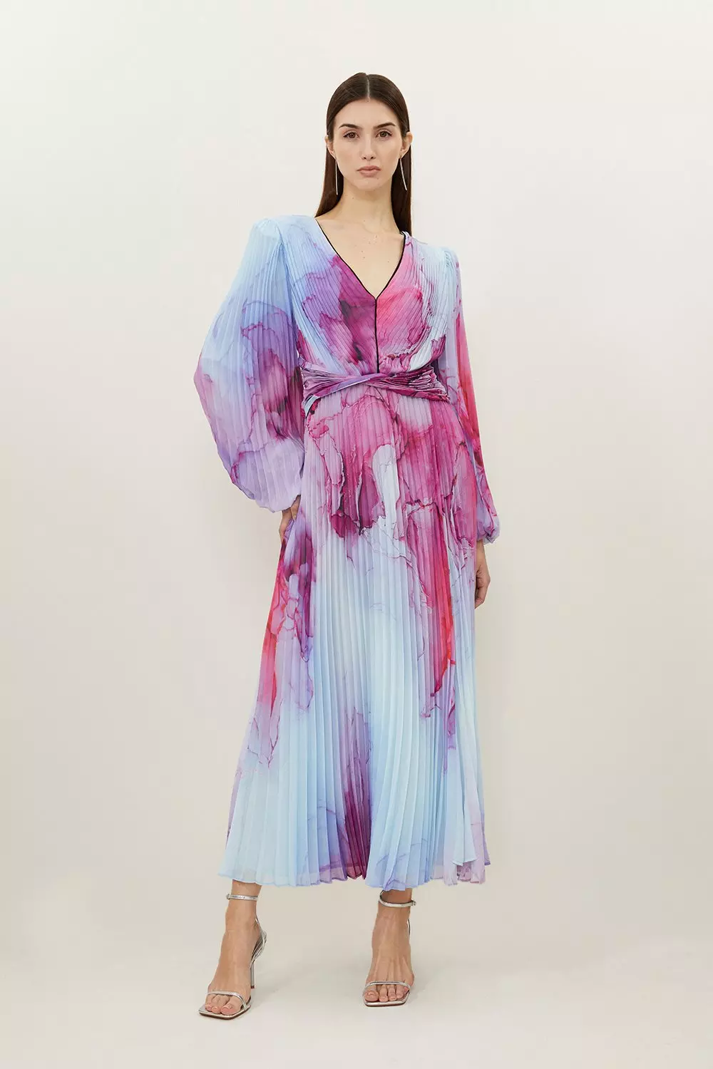 Marble Printed Soft Pleated Woven Maxi Dress alternative image
