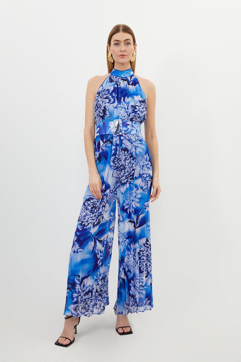 Blue Floral Georgette Woven Halter Pleated Jumpsuit | Karen Millen