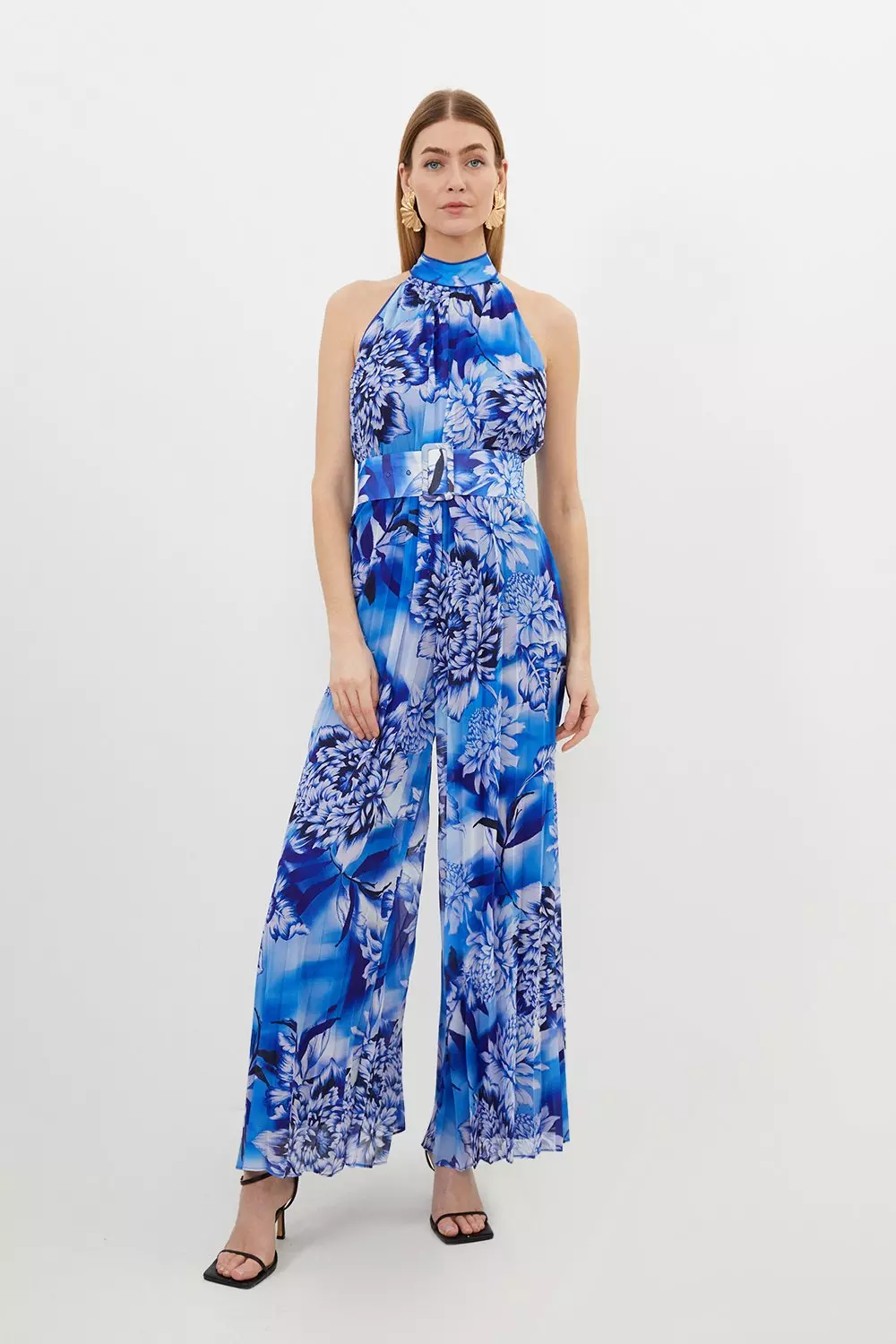 Blue Floral Georgette Woven Halter Pleated Jumpsuit | Karen Millen