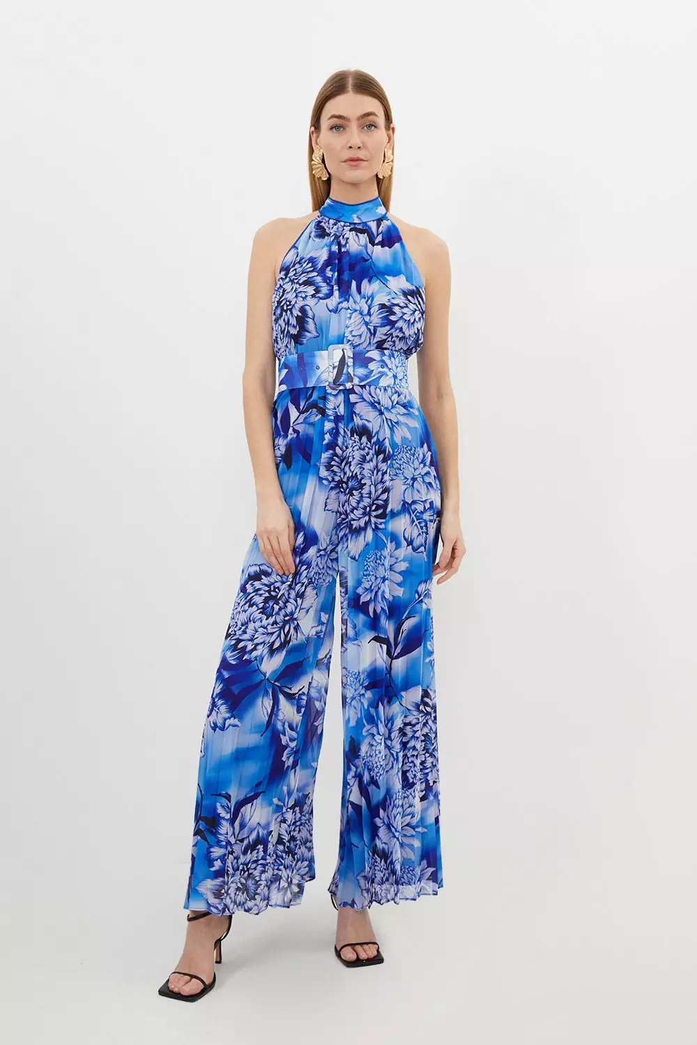 Blue Floral Georgette Woven Halter Pleated Jumpsuit Karen Millen