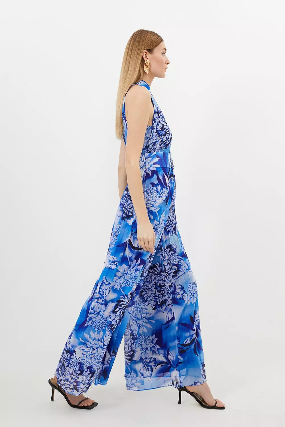 【KAREN MILLEN】ウェットルック ショルダー スイムスーツ Blue Floral Georgette Woven Halter Pleated Jumpsuit | Karen