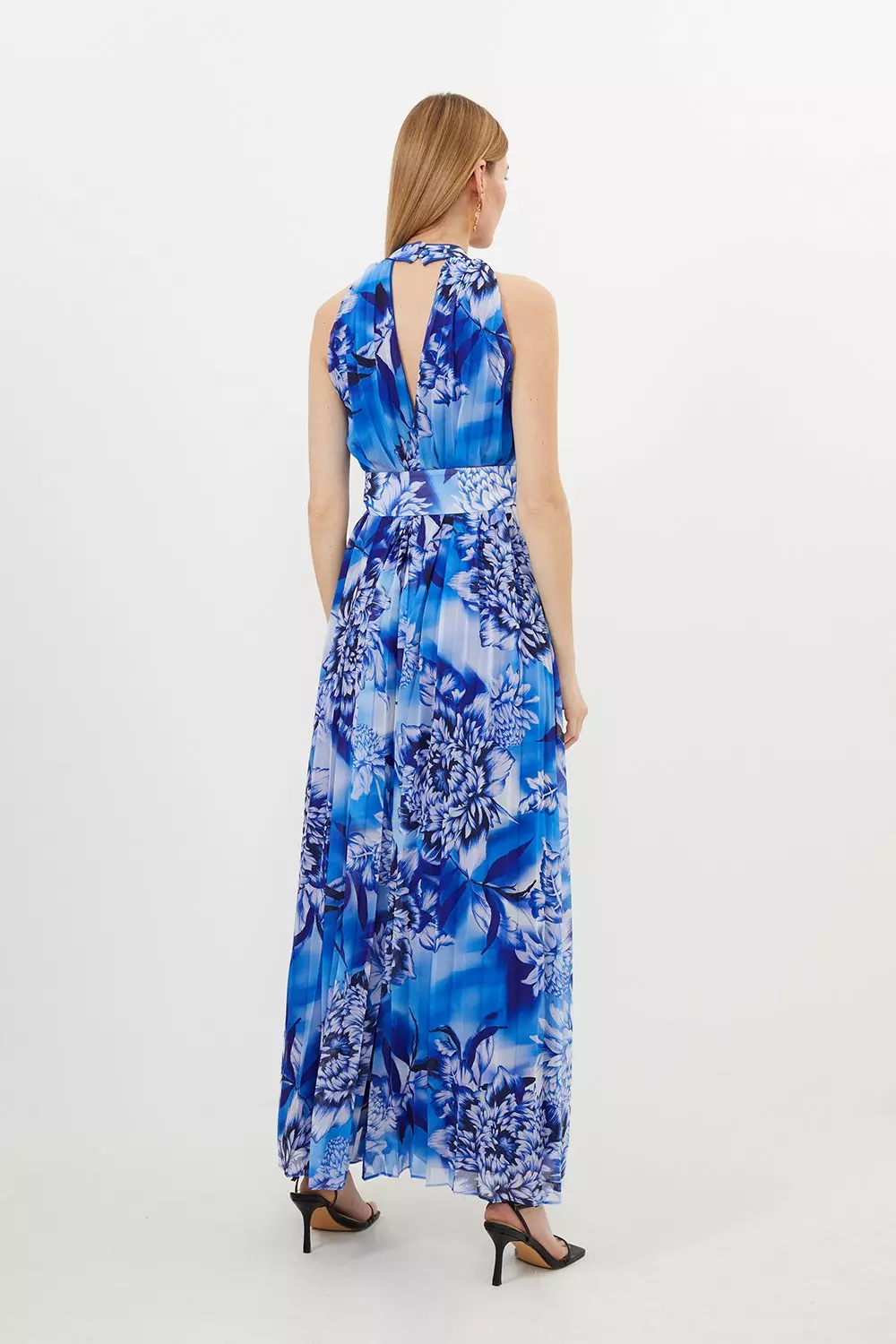 Blue Floral Georgette Woven Halter Pleated Jumpsuit Karen Millen