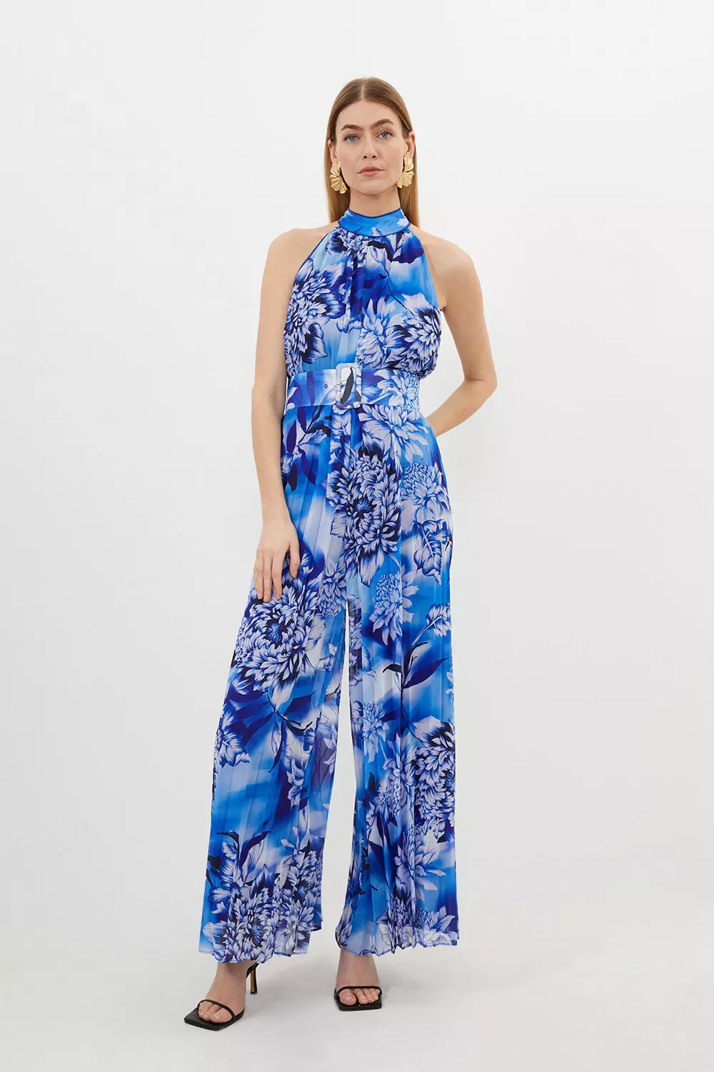 Petite Blue Floral Georgette Woven Halter Pleated Jumpsuit | Karen Millen