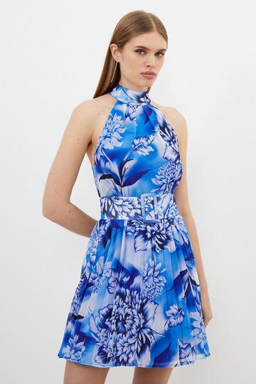 Petite Blue Rose Print Pleated Mini Dress blue