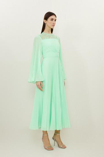 Soft Pleated Woven Kimono Sleeve Maxi Dress lime