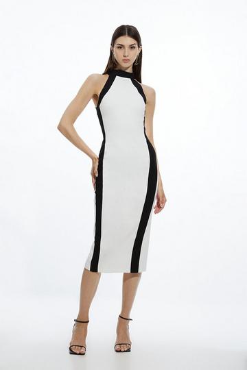 Compact Stretch Contrast Halter Neck Tailored Midi Dress ivory