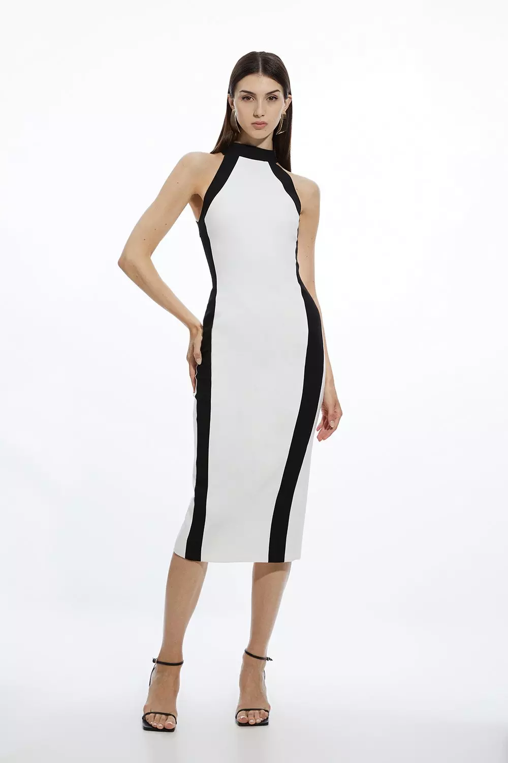 Compact Stretch Contrast Halter Neck Tailored Midi Dress Karen Millen