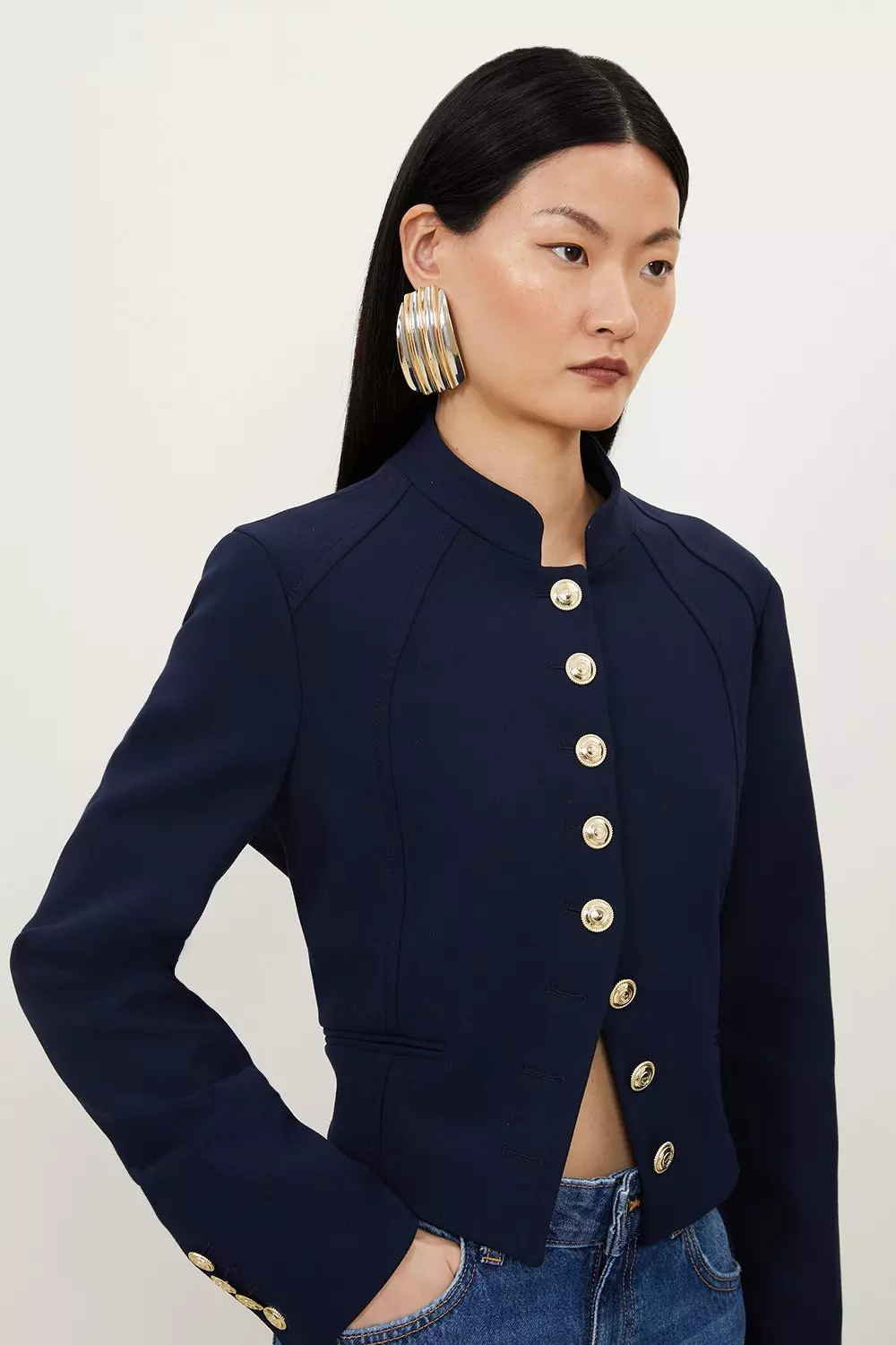 Compact Stretch Panel Detail Button Through Tailored Jacket | Karen Millen