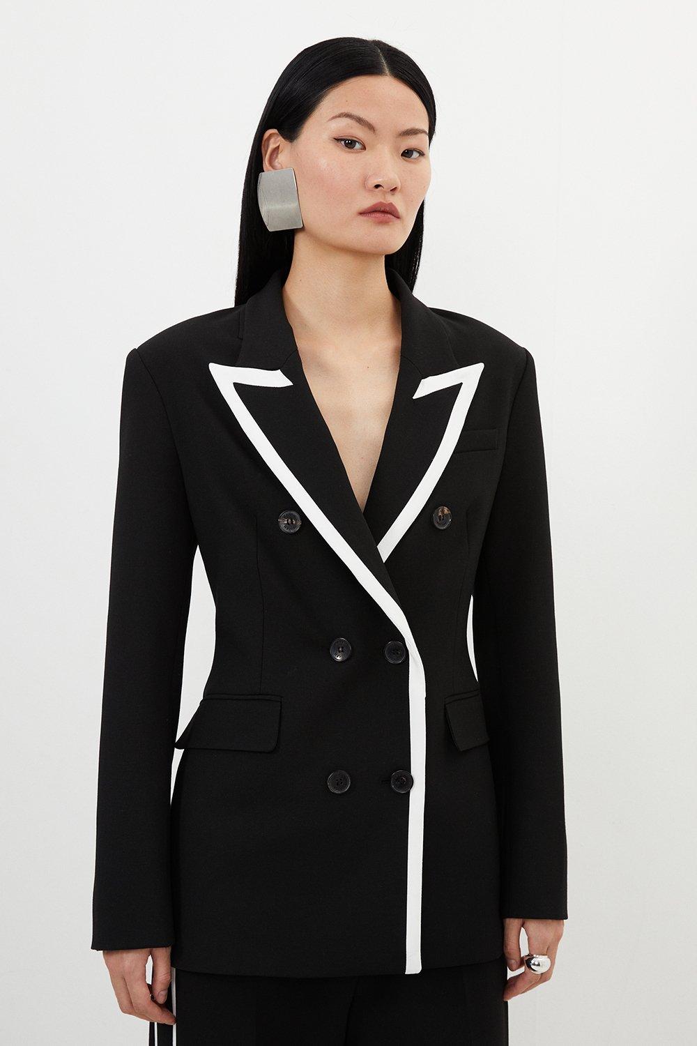 Black Compact Stretch Contrast Tipped Tailored Double Breasted Blazer