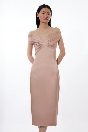 Italian Satin Tailored Off Shoulder Panelled Midi Dress champagne