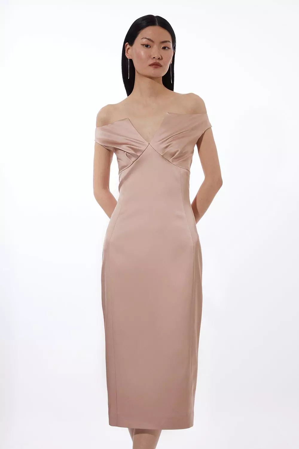 Italian Satin Tailored Off Shoulder Panelled Midi Dress Karen Millen