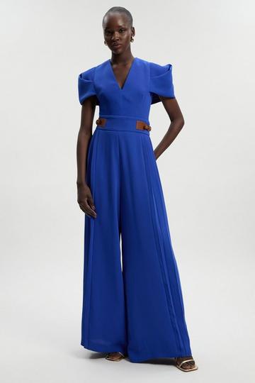 Soft Tailored Crepe Tab Detail Pleated Jumpsuit cobalt
