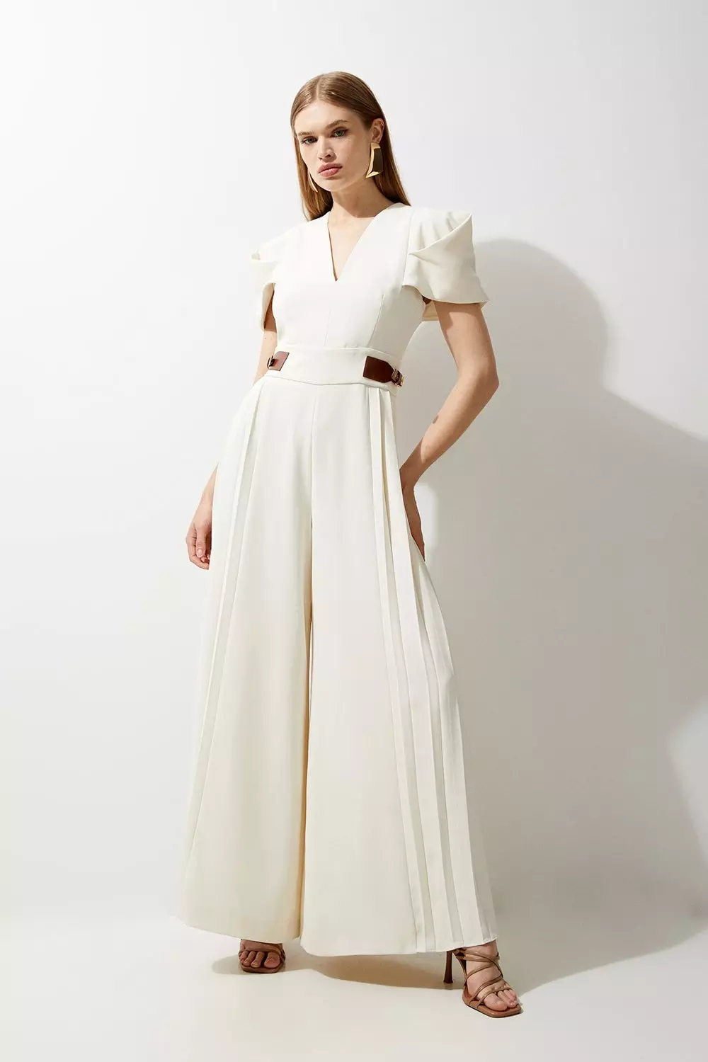 Ivory Soft Tailored Crepe Tab Detail Pleated Jumpsuit alternative image