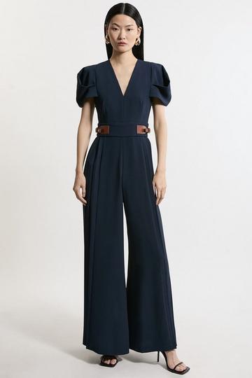 Soft Tailored Crepe Tab Detail Pleated Jumpsuit navy