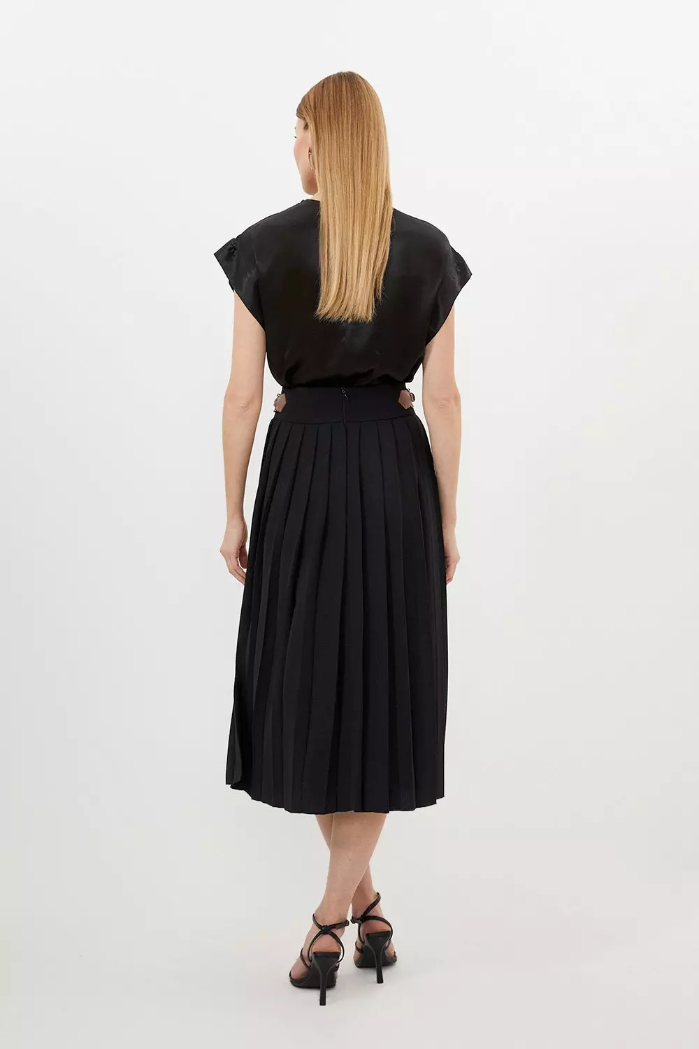 Soft Tailored Crepe Tab Detail Pleated Midi Skirt Karen Millen