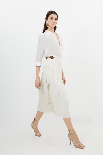 Soft Tailored Crepe Tab Detail Pleated Midi Skirt ivory