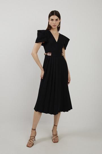 Soft Tailored Crepe Tab Detail Pleated Midi Dress black