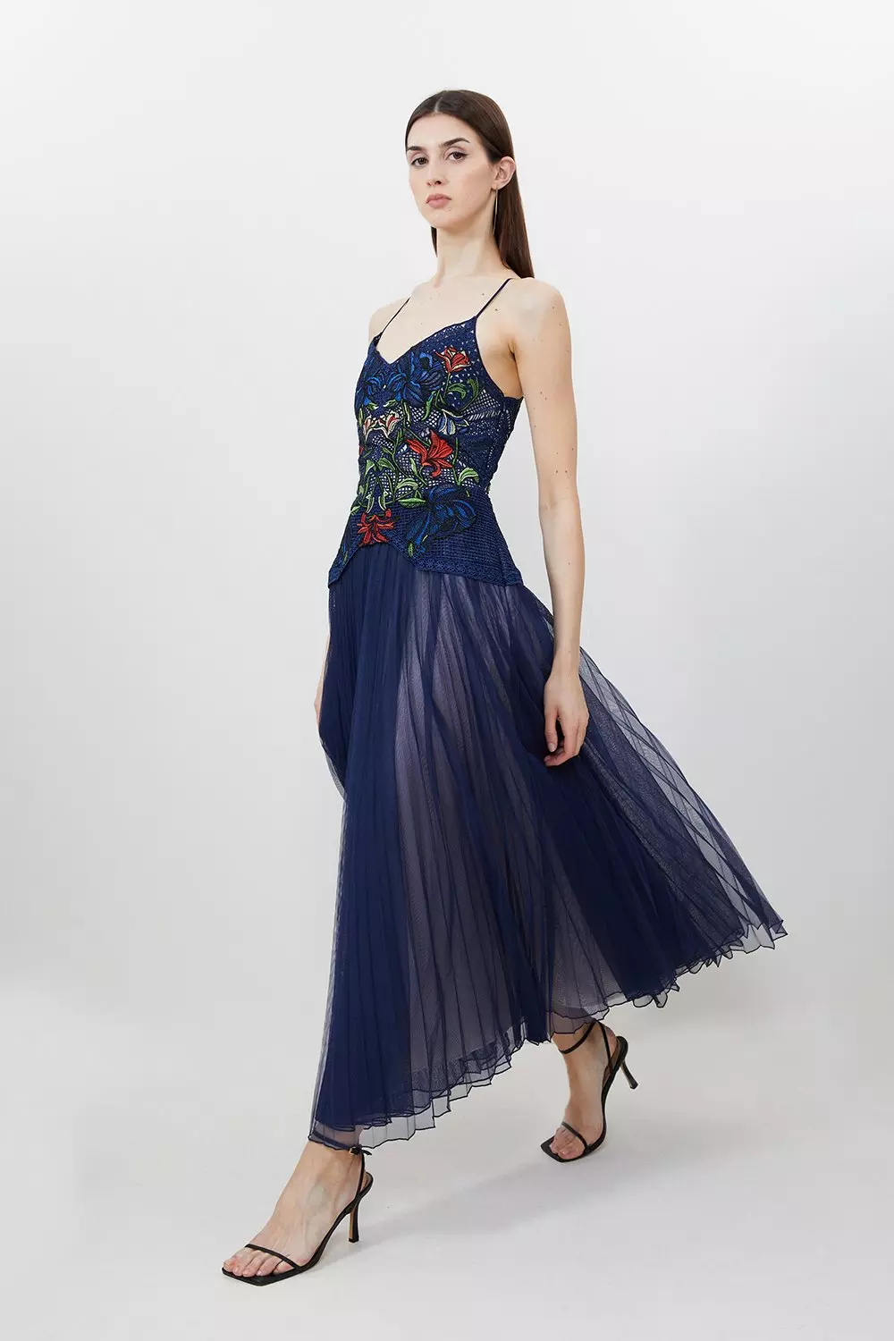 Guipure Lace Pleat Skirt Woven Strappy Maxi Dress | Karen Millen