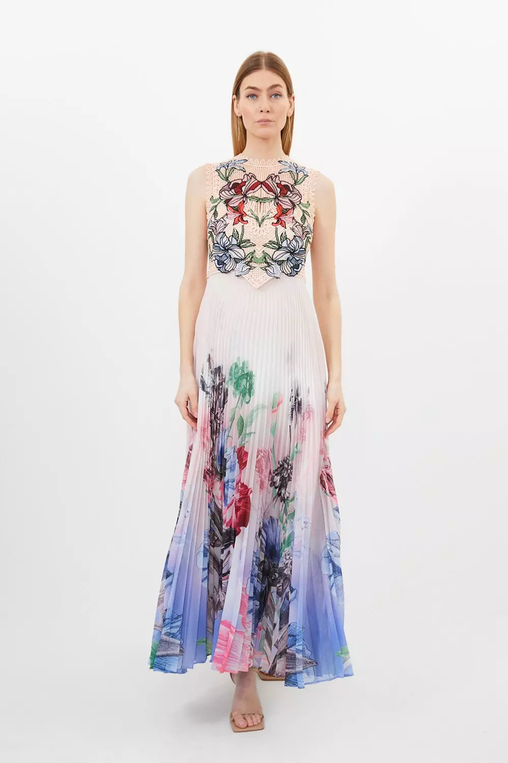 【Karen Millen】英国発 サテン クレープ パール ミディドレス Tall Metallic Guipure Lace Mirrored Pleat Midi Dress | Karen