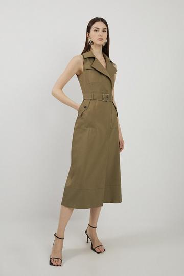 Khaki Cotton Sateen Pocket Detail Belted Tailored Midi Shirt Dress
