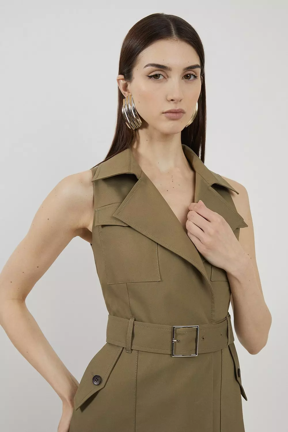 Premium Compact Cotton Pocket Detail Belted Tailored Midi