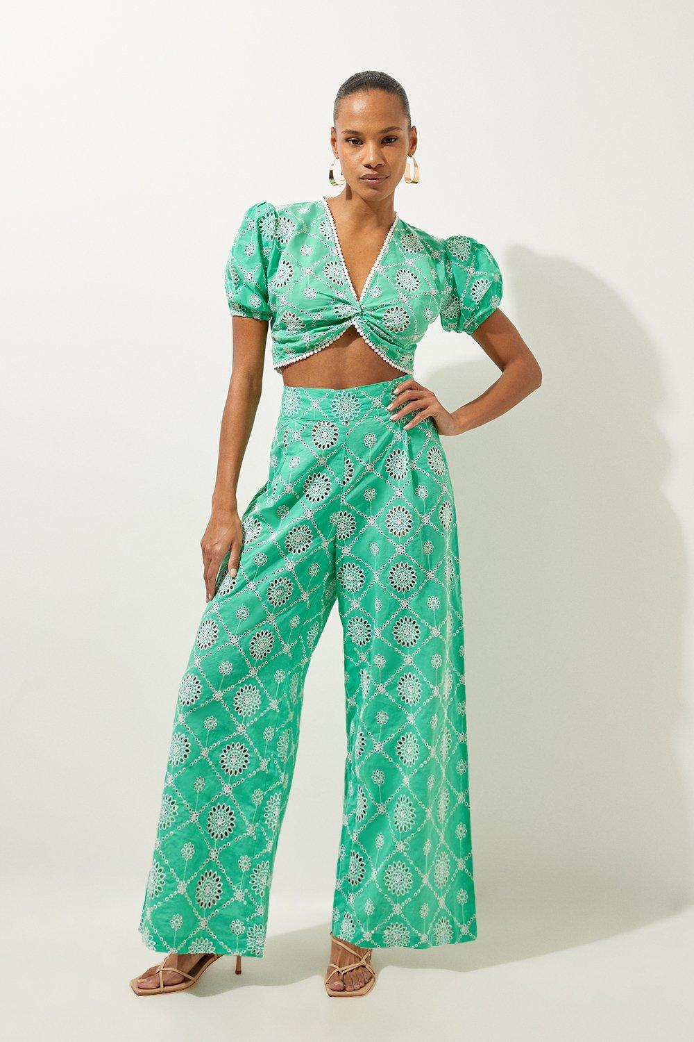 Green Beach Cotton Eyelet Pants And Top Two-Piece Set