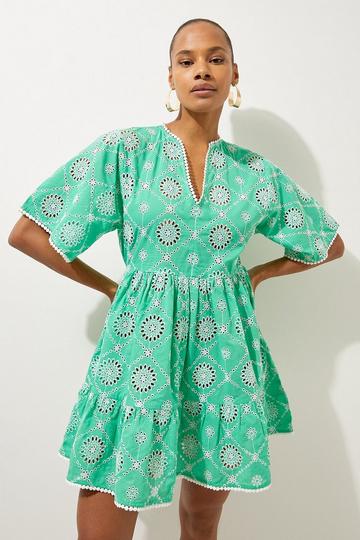 Green Cotton Broderie Beach Mini Dress