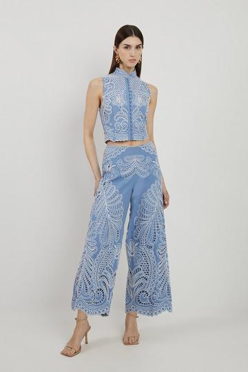 Blue Linen Cutwork Embroidery Woven Trouser